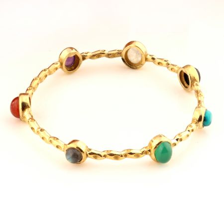 Natural Multi gemstone bangle for women, brass 22k gold plated jewelry